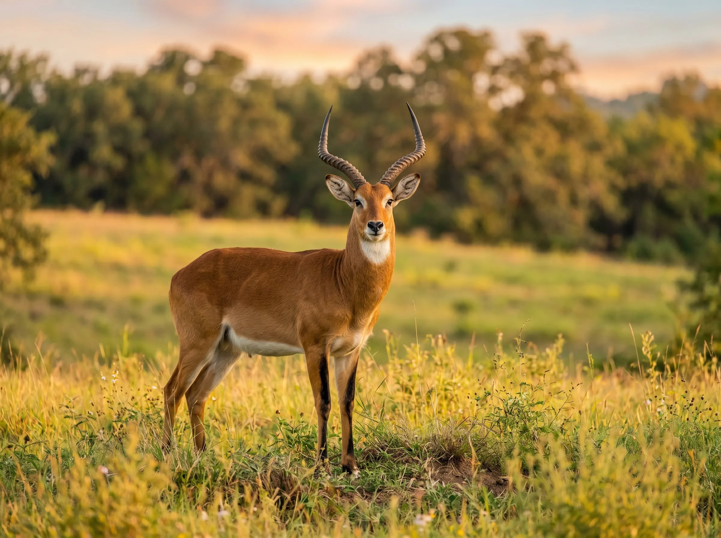 A Ugandan kob bull stands alert in the pasture at golden hour.